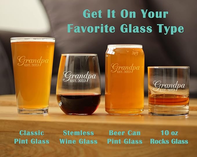 Bevvee Grandpa Est 2023 - New Grandfather Pint Glass Gift for First Time Grandparents - Decorative 16 Oz Glasses