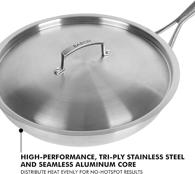 Babish 12-Inch Tri-Ply Stainless Steel Frying Pan with Lid – Professional Grade Skillet for Searing, Sautéing & Even Heat Cooking