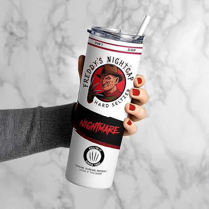 Freddys Hard Seltzer Tumbler, Nightmare On Elm St Travel Mug, Horror Slasher Fan Gift, Insulated Stainless Steel, Scary Movie Novelty Gifts, Christmas Halloween - Coffee Tea Drinker - 20 Oz
