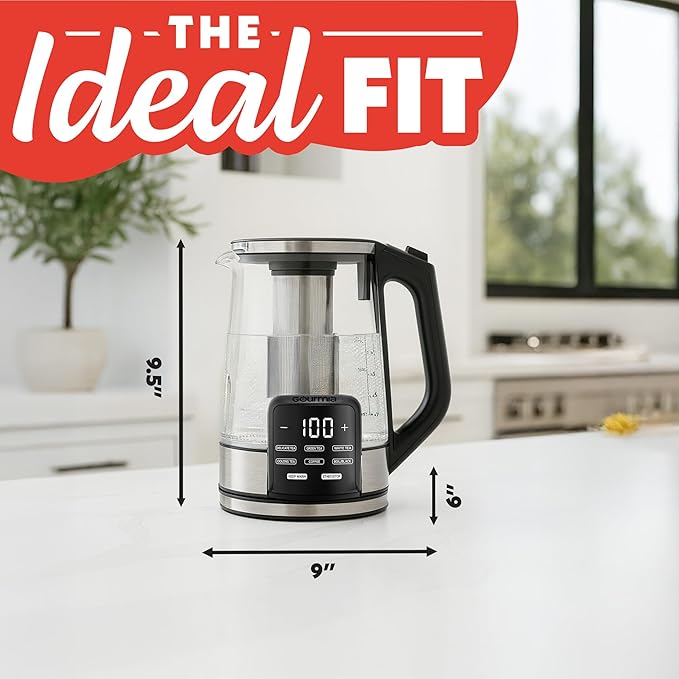 Gourmia Electric Programmable Glass Kettle – 1.7L Temperature Control Tea & Coffee Kettle with Digital Touch Display, 6 Presets, Keep Warm, Removable Stainless Steel Infuser, 360° Swivel Base – Black
