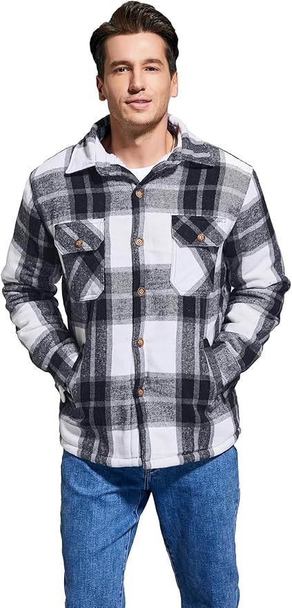 Men's Cotton Sherpa Lined Button Down Flannel Shirt Jacket Plaid Soft Outdoor Flannel Jacket Shirt