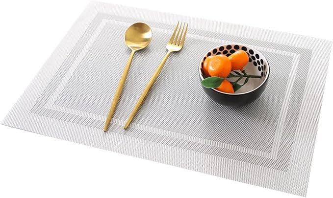 Woven PVC Placemats for Dining Table Set of 1/4/6 Heat Stain Slip Washable Kitchen Table Mats Classic(Hui Silver White,6 pcs 45x30cm)