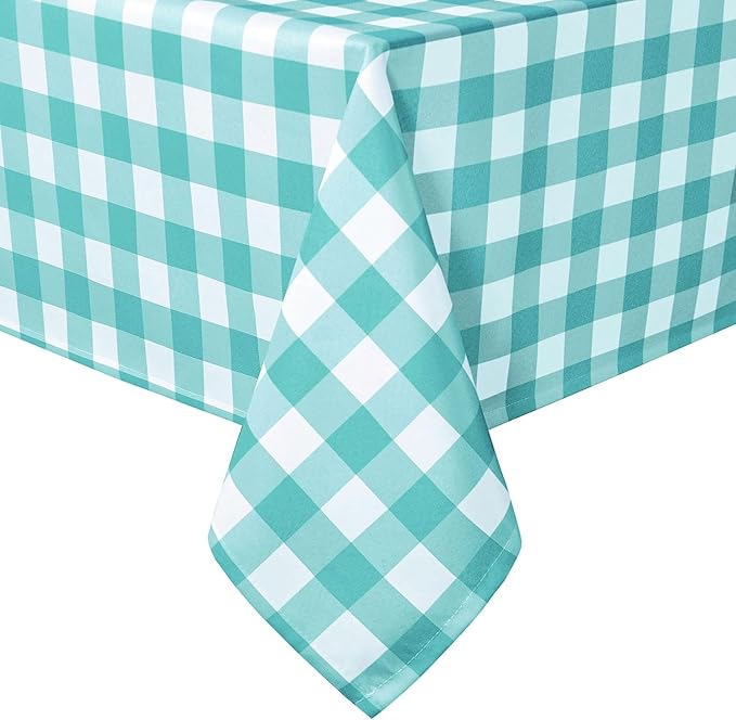 Hiasan Checkered Tablecloth Square, 70 x 70 Inch - Waterproof and Wrinkle Resistant Table Cloth for Picnic, Dinner and Party, Washable Polyester Fabric, Aqua and White Gingham Pattern