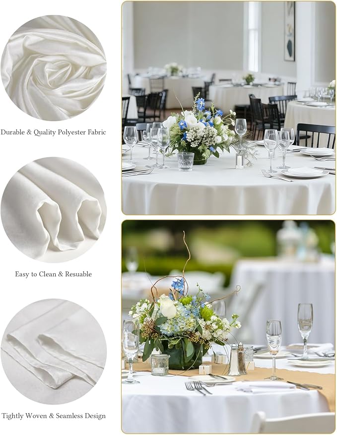 BESTVIP 6 Pack 120" White Round Fabric Tablecloths - Polyester Washable Decorative Table Cloth Cover for Wedding, Reception, Banquet, Birthday, Parties, Buffets, Restaurant