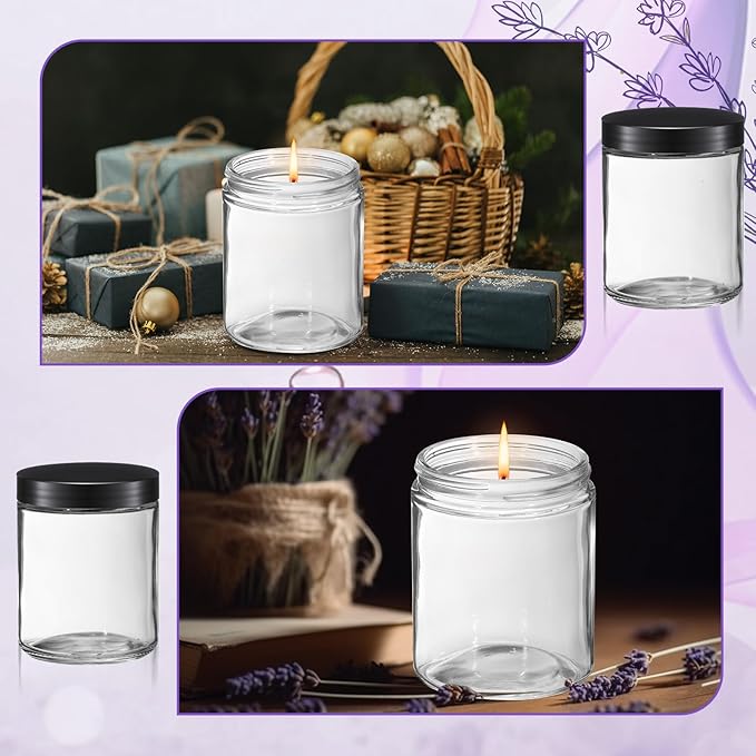 12 Pcs 8 oz Glass Jars with Lids, Clear Candle Jars with Black Lids Round Empty Candles Container Tins for Candle Making Storing Lotions Spice Powder Liquid Sample Makeup (Clear)