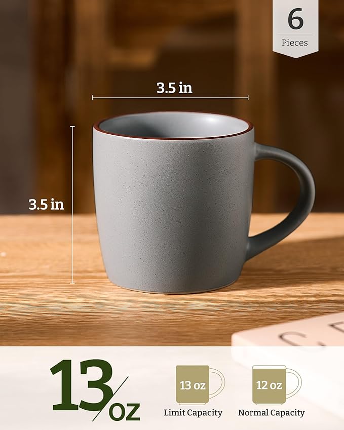 famiware Mercury Coffee Mugs 13 oz, Coffee Mugs Set of 6 with Handle, Cups for Latte, Hot Tea, Cappuccino, Mocha, Cocoa, Dark Grey