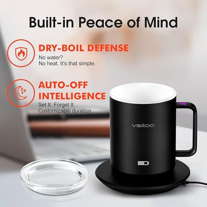 Vsitoo S3 12oz Heated Mug - Temperature Control Smart Mug with Mug Warmer, Perfect for Espresso, Auto-Sensing AI Heats Drinks to 120-150°F Hands-Free.Ideal for Home/Office/Gifts，White
