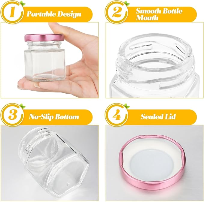 Nuogo 100 Pack 1.5oz Mini Hexagon Glass Jars Bulk for Wedding Small Honey Jars with Lids for Spice Canning Mason Gifts Candy Honey Wedding Party Favors DIY Crafts (Pink)