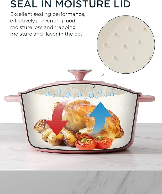 Enameled Cast Iron Dutch Oven - 4.5QT Dutch Oven Pot with Lid & Cotton Potholders - Heavy-Duty Non Stick Casserole Pot for Braising, Stews, Roasting, Baking, Suitable for All Stovetops, Gentle Pink