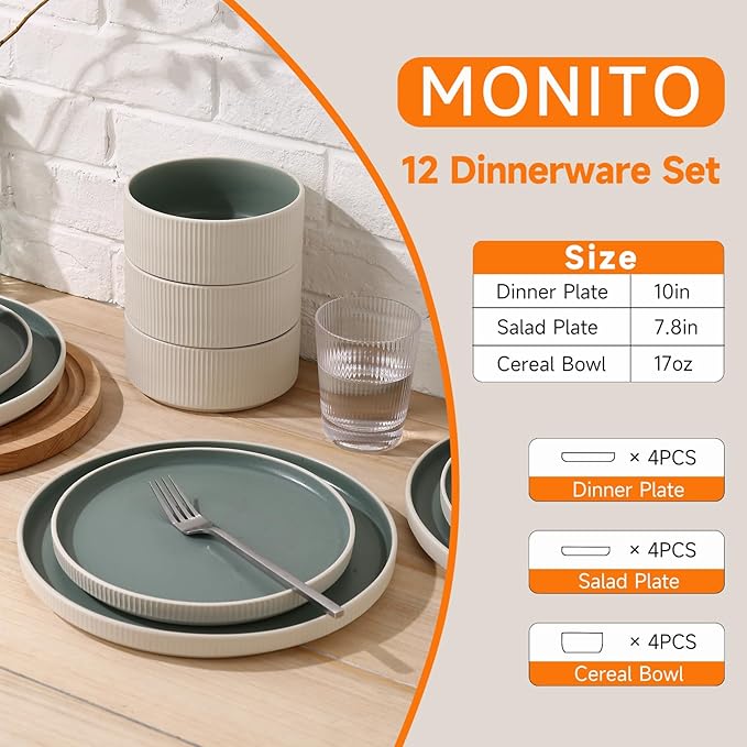 MONITO Ceramic Dinnerware Sets for 4, 12PCS Stoneware Plates and Bowls Sets, Reactive Glaze Dish Set, Chip and Scratch Resistant Double, Microwave and Dishwasher Safe, White Cyan