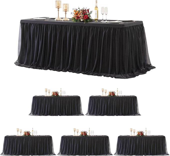 6 Pack Black Tulle Tablecloths for 8 Foot Rectangular Tables, 8ft Black Rectangle Table Cloths, Wrinkle Free Table Cover with Tutu Skirt for Wedding Birthday Party Banquet Buffet Event Decorations