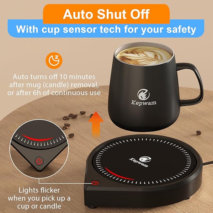 Kepwam Coffee Mug Warmer for Desk, Smart Coffee Warmer with Touch Tech & Light, Coffee Cup Warmer with Gravity Sensor & Auto Shut Off, Candle Warmer Plate - Ideal Gifts for Dad and Mom