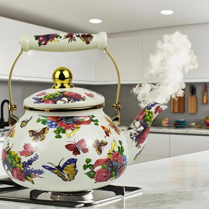 2.5L Vintage Enamel Tea Kettle, Butterfly Floral Stovetop Teapot with Porcelain Handle, Enamel Kettle for Home/Camping/Tea Party, Ideal Christmas/Housewarming Gift