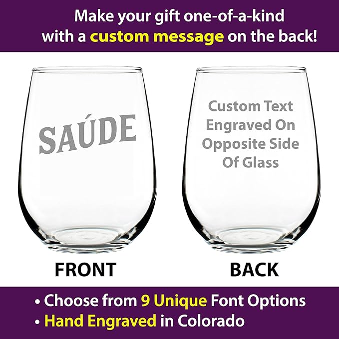 Custom Saude - Portuguese Cheers - Personalized Stemless Wine Glass - Portugal Themed Gifts or Party Decor for Women - Large - Customized Wine Glass Gift