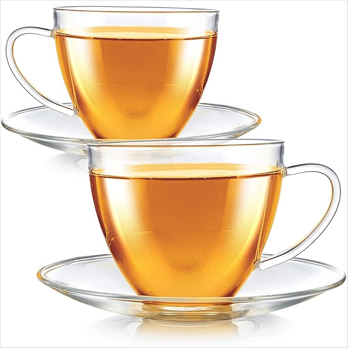 Teabloom Royal Teacup and Saucer Set 2-Pack – 12 OZ/ 350 ML Capacity – Glass Mug Set – Premium Borosilicate Glass – Durable and Heat Resistant