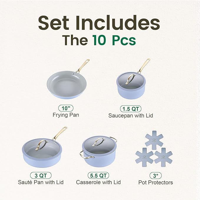 Chef Power Ceramic Cookware Sets, 10Pcs Pots and Pans Set Non Stick, Cookware Set with Stainless Steel Handle, Dishwasher & Oven Safe, Blue Gray and Granite Grey