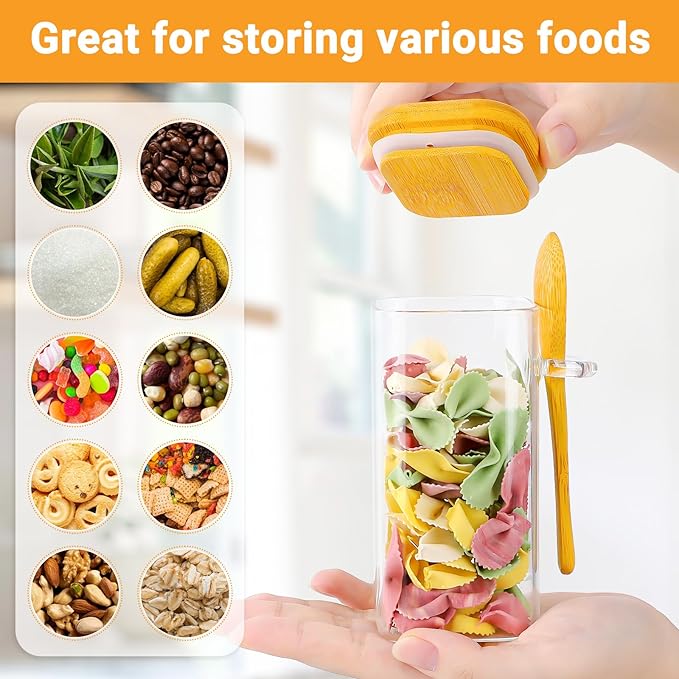 Glass Jars with Bamboo Lids Set of 4, 11 Fl.oz Square Glass Storage Jars with Airtight Lid and Spoon, Clear Spice Container Stackable Wide Mouth Cansiter for Loose Tea, Coffee, Sugar, Candy