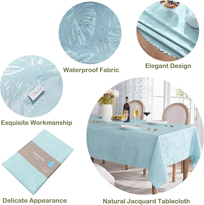 Rectangle Tablecloths Jacquard Table Cloth Leaves Pattern Silky Soft Waterproof Washable Light Blue Oblong Table Cover for Kitchen Dining Birthday Party Banquet Decor (60x84 Inch)