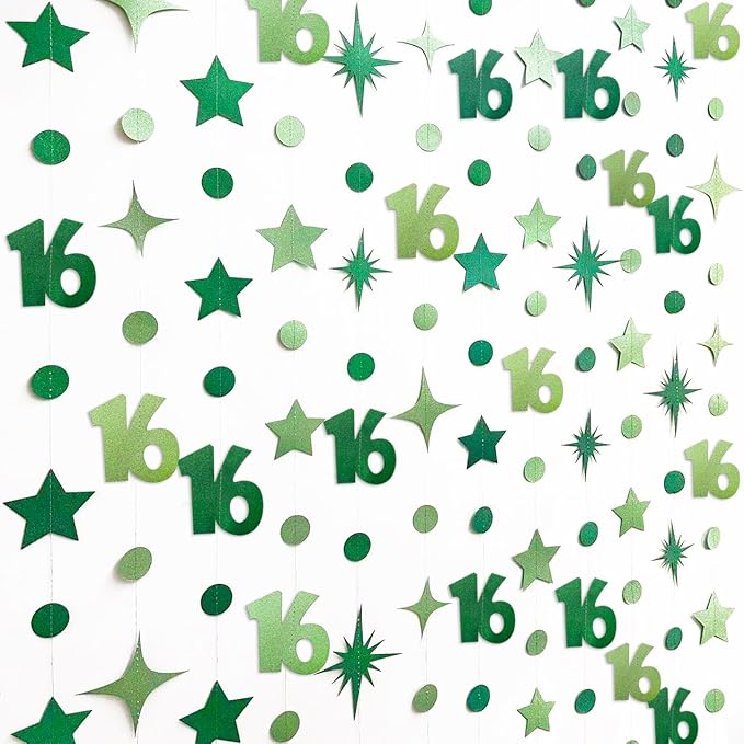 Green 16th Birthday Decorations Number 16 Circle Dot Star Garland Glitter Streamer Banner Backdrop for Girls Boys Sweet Sixteen Cheers to 16 Years Old Birthday 16th Anniversary Party Supplies