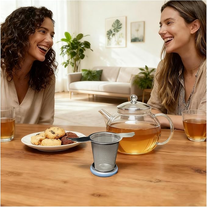 3Pcs Extra Fine Mesh Tea Infuser Steeper Basket with Lid/Drip Tray for Loose Leaf Tea Rooibos, 304 Stainless Steel Tea/Coffee Strainer Filter with Big Capacity＆ Extended Handles, Fit Cup/Teapot/Jar