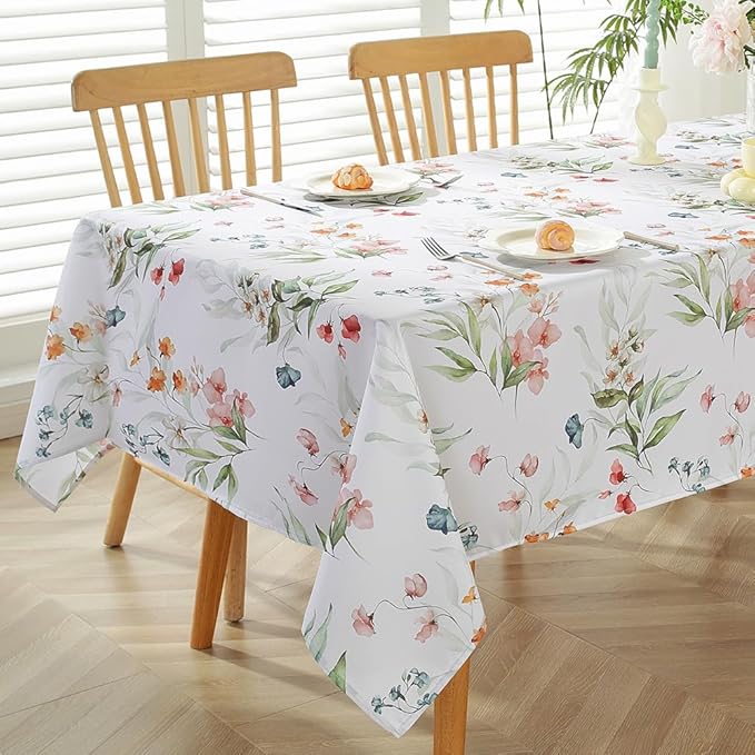 MATIRUG Spring Summer Tablecloths Rectangle 52x70 Inch, Spill Proof Watercolor Floral Table Cloth,Washable Wrinkle Free Print Green Fabric Table Cover for Picnic Patio Outdoor