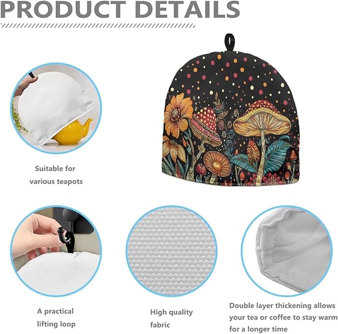 Mushroom Print Tea Cozy Cover Warmth Keep Tea Kettle Cover Teapot Cozy Tea Pot Cozies Heat Resistant Teapot Protector Home Kitchen Accessories Décor