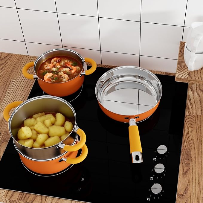 Pots and Pans Set, Stainless Steel Orange Cookware Set of 6, 4 3 QT Steamer Pot Frying Pan, Compatible with All Stovetops, Gift for Kitchen Decor