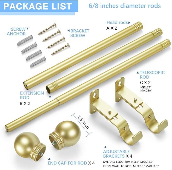 Curtain Rods for Windows 16 to 48 Inches, Curtain Rod Max Adjustable Length of 60 IN, 6/8" Diameter Drapery Rods Round Finials, Warm Gold, Pack of 2