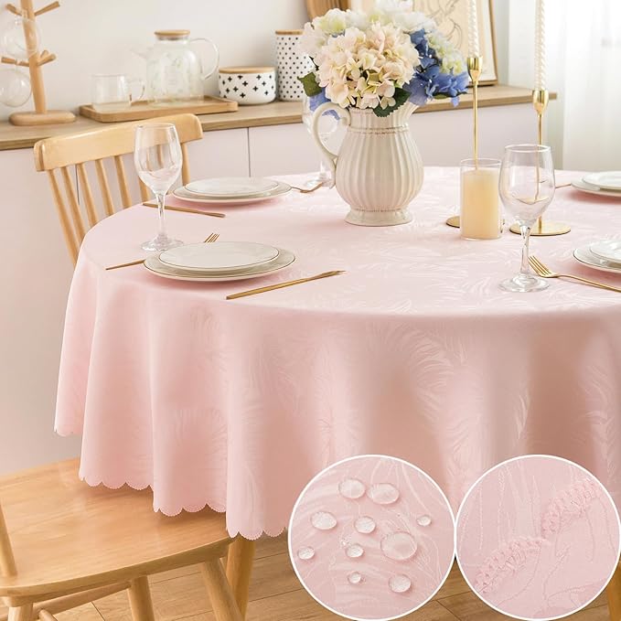 Round Tablecloth 70 Inch Pink Table Cloths Waterproof Washable Wrinkle Free Leaves Jacquard Soft Fabric Table Cover for 30-58”Tables-Kitchen Dinning Outdoor Birthday Party Banquet Patio