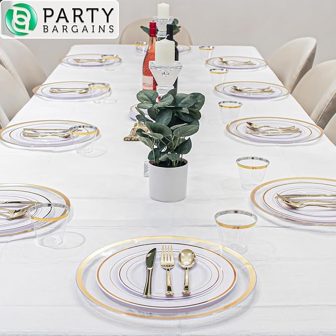 PARTY BARGAINS Disposable Table Covers, 54 x 108 Inch, White, 3-Ply Paper & Plastic Spill-Resistant Party Tablecloths, 5 Pack
