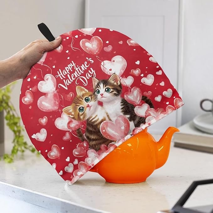 Red Tea Cozy for Teapot Tea Insulated for Valentines Day Cat Tea Kettle Cover for Keeping Warm Love Heart Teapot Dust Protector for Kitchen Accessory