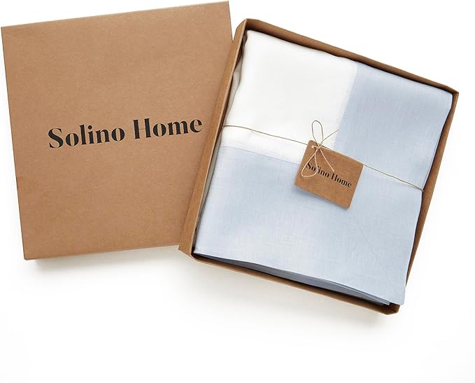 Solino Home Linen Tablecloth 60 x 90 Inch - 100% Pure Linen Light Blue and White Tablecloth for Rectangle Tables - Contempo, Machine Washable Table Cloth for Winter, Spring, Easter