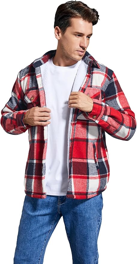 Men's Cotton Sherpa Lined Button Down Flannel Shirt Jacket Plaid Soft Outdoor Flannel Jacket Shirt