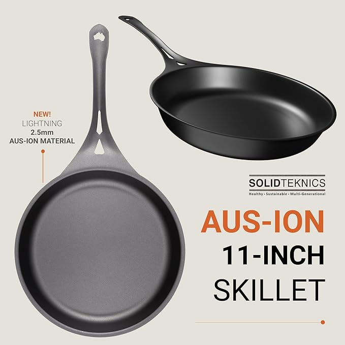 SOLIDTEKNICS Lightning Long Handle Skillet Set, 11-Inch Iron Pan with Handle, Includes Stainless Steel Spatula & Mini Pan Scraper - Australian Made Heirloom Cookware for Singles, Couples & Chefs