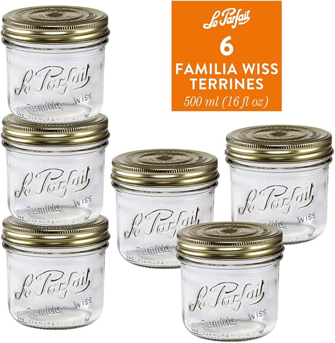 Le Parfait Familia Wiss Terrine Wide Mouth French Glass Jar w/Airtight 2-Piece System Gold Lids | Ideal for Food Storage, Canning, Meal Prep, Cake Jar & DIY Crafts | 16oz Pint (Pack of 6) 500ml