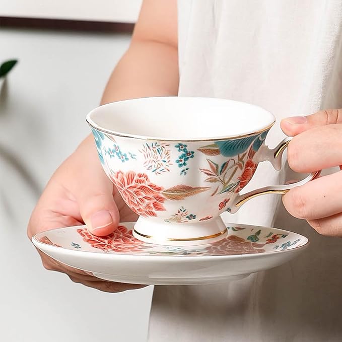 Teacups and Saucers,Bone China Tea Cups about 7 oz(200 ml),Vintage flower Pattern Espresso Coffee Mug Set & tea cups for women, Style02