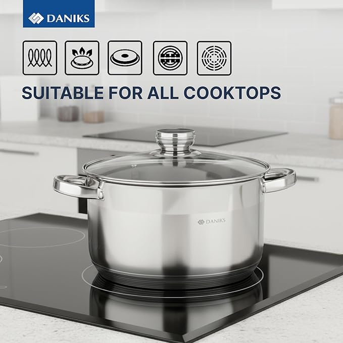 Daniks Standard 7 Quart Stainless Steel Stock Pot with Glass Lid, Try-Ply Bottom for Even Heating, Induction Compatible, Dishwasher Safe, Built-In Measuring Scale, Silver