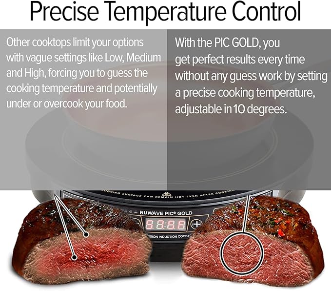 Nuwave Gold Precision Induction Cooktop, Portable, Large 8” Heating Coil, 12” Shatter-Proof Ceramic Glass Surface, 3 Wattage Settings 600, 900, and 1500 Watts, 9” Duralon Non-Stick Fry Pan Included
