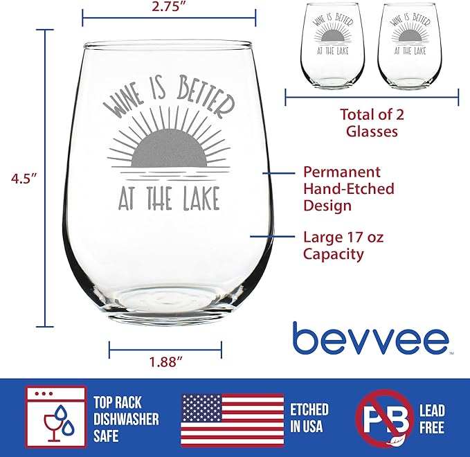 Wine is Better at the Lake - Stemless Wine Glass Gifts for Men & Women - Funny, Cute, Unique Lake House Décor - Set of 2 - Large 17 Oz