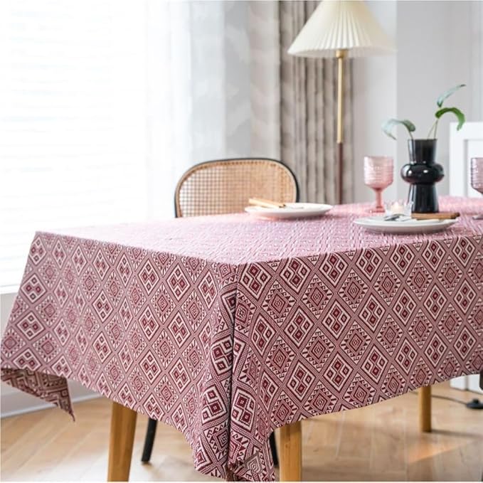 Rectangular Tablecloth Jacquard Festive Tablecloth Red Thick Tablecloth Diamond Geometry Suitable for Restaurant Camping(100 * 140cm)