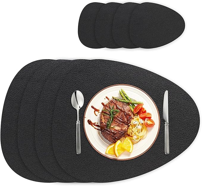 PU Leather Placemats Set Dining Table Mats Wipeable Easy to Clean Stain Heat Waterproof Place Mats(Black,4xPlacemat 4xCoaster)