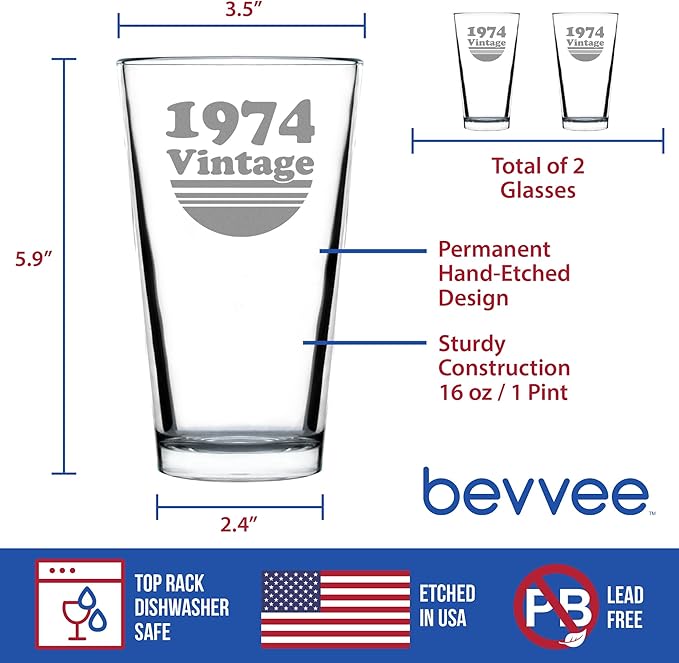 Bevvee Vintage 1974 Pint Glass for Beer - 52nd Birthday Gifts for Men or Women Turning 52 - Fun Bday Party Decor - Set of 2-16 oz