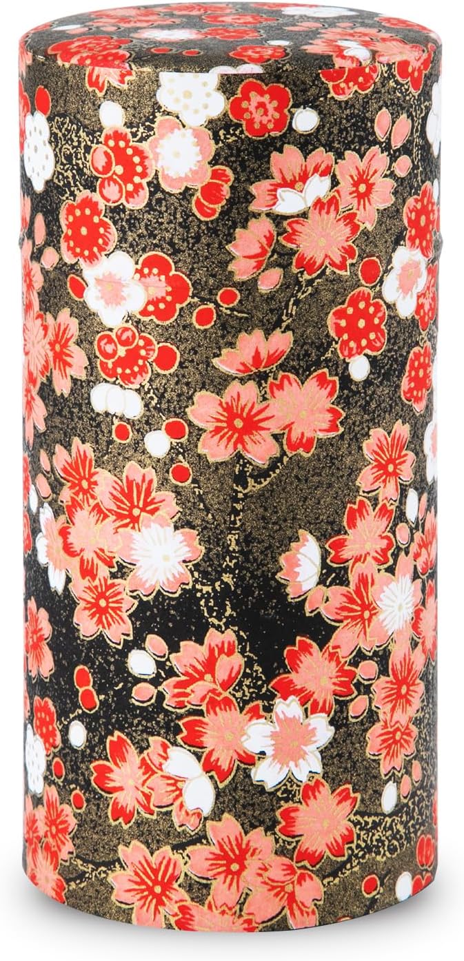 Japanese Tea Canister Tin (Yuzen Washi Paper - Plum/Black), 7.06oz Size/Made in JAPAN with Includes Inner Lid of Airtight Damp-Proof/Kitchen Jar for Loose Leaf Coffee Tea Spice and More