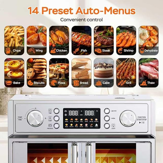 27.5QT French Door Air Fryer Toaster Oven Combo, Countertop Oven with 14 Presets & Digital Control, Extra Large Toaster Oven for Baking, Roasting, Accessories Includes,Stainless Steel