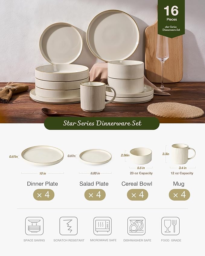 Famiware Star Dinnerware Set with Mugs, Service for 4 (16pcs), Ribbed Stoneware Plates and Bowls Dishes Sets with Trim - Chip & Scratch Resistant, Microwave & Dishwasher Safe, White