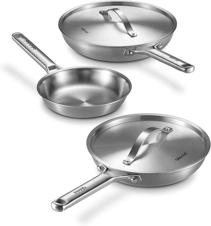 Stainless Steel Frying Pan Set with Lids 8+10+12 Inch,Tri-Ply Stainless Steel Skillets,Brushed Steel Pans with Stainless Steel Lids,Oven&Dishwasher Safe,Induction Compatible