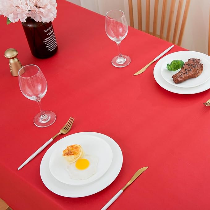 Pioggia Vinyl Tablecloth with Flannel Backing Oblong Waterproof Oil-Proof Plastic Table Cloth Wipeable PVC Table Cover for Indoor and Outdoor (Red, 60 x 102 Inch)