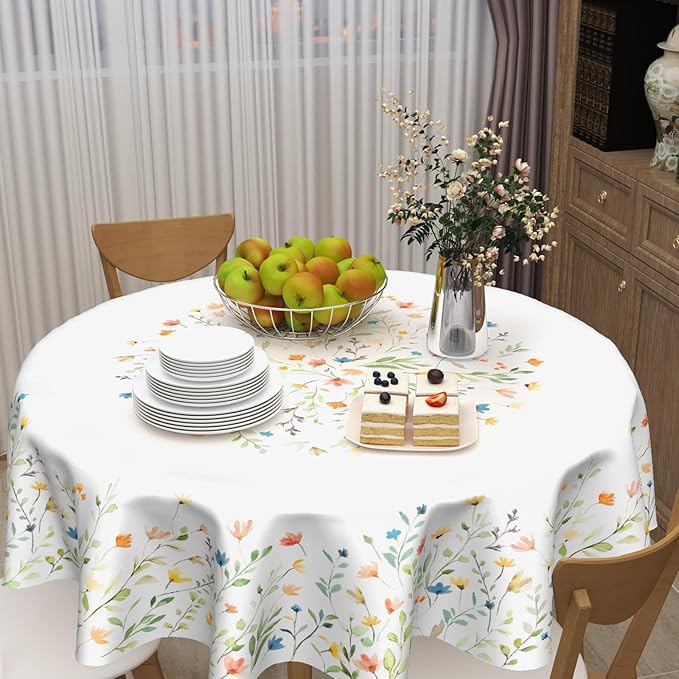 Spring Watercolor Floral Round Tablecloth 60 Inch Summer Wild Flower Polyester Table Cloth Easter Rustic Farmhouse Table Cover Decoration for Kitchen Dinner Party