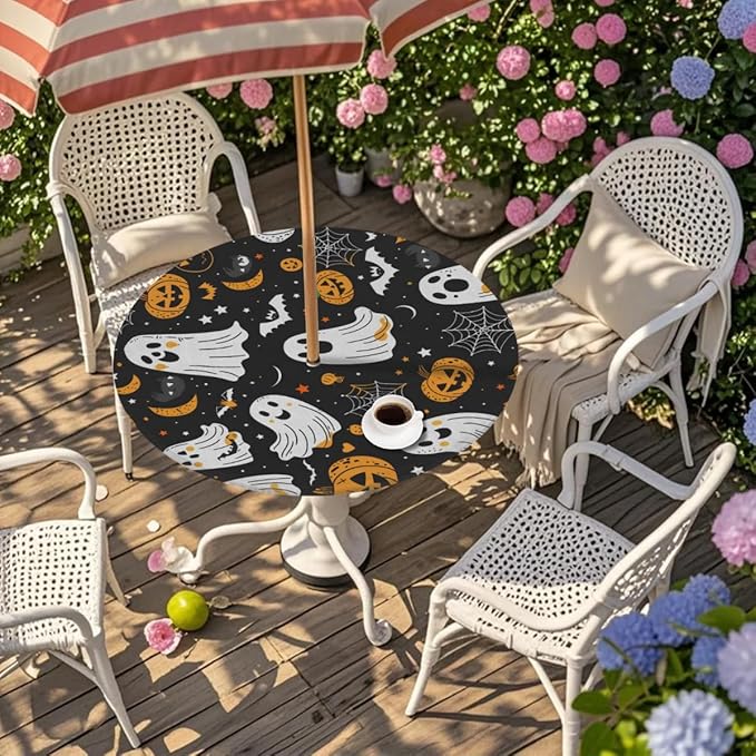 Outdoor Fitted Round Table Cloth with Umbrella Hole, Halloween Ghosts Circle Elastic Tablecloth 36"-44" Waterproof Zipper Patio Table Cover for Picnic Camping Party Halloween Decoration