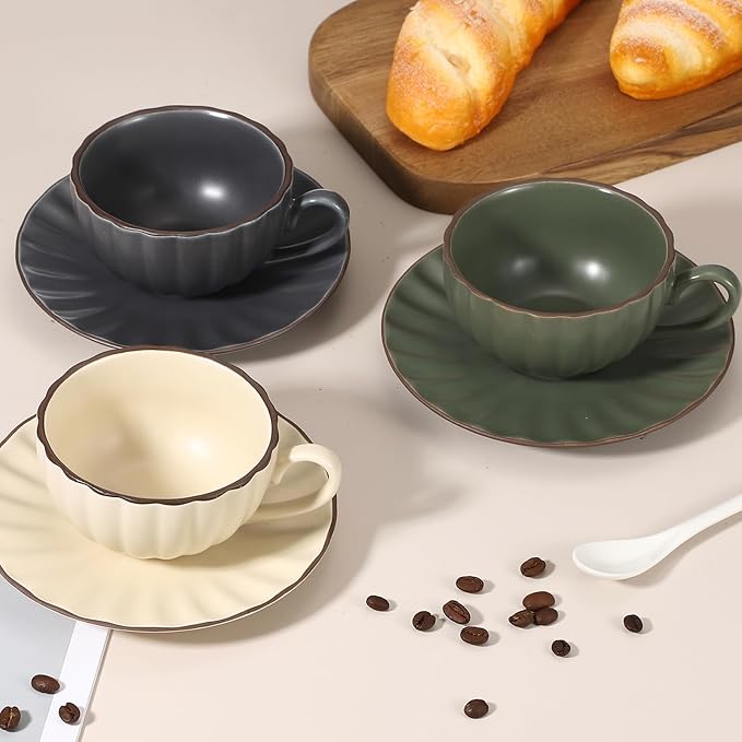 uxcell Handmade Vintage Espresso Cups, 8 oz Coffee Cups and Saucers Ceramic Tea Cup with Handle Dishwasher and Microwave Safe for Latte Cappuccino Milk Office Home Gifts, Gray Blue